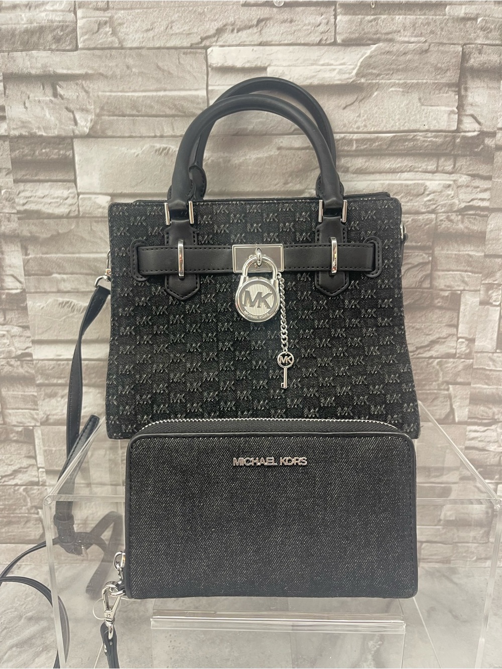Michael Kors Hamilton Small Black Denim Logo Satchel & Matching Wallet